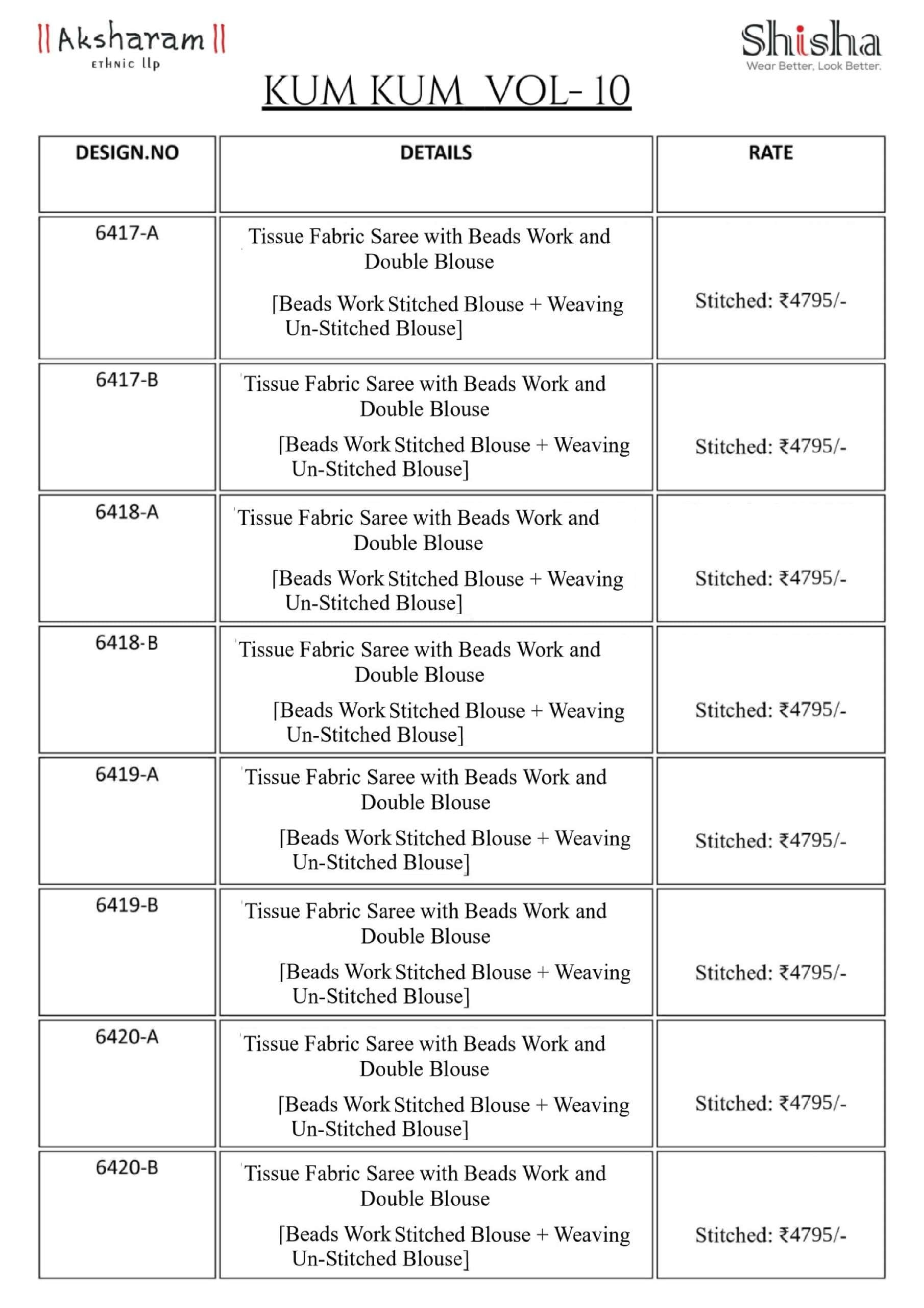 SHISHA KUMKUM VOL-10 Tissue Silk Saree