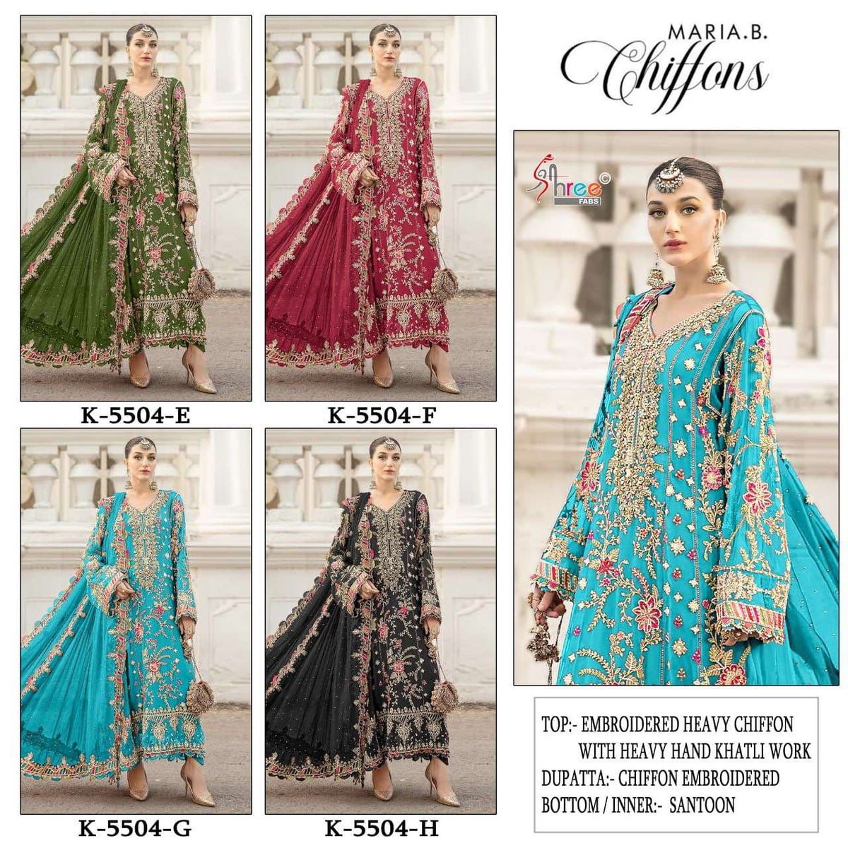Promotional image of Maria B Chiffons with four different dress designs. | SHREE FAB K-5504 NX Pure Chiffon Embroidery Pakistani Dresses – Semi-Stitched Premium Collection