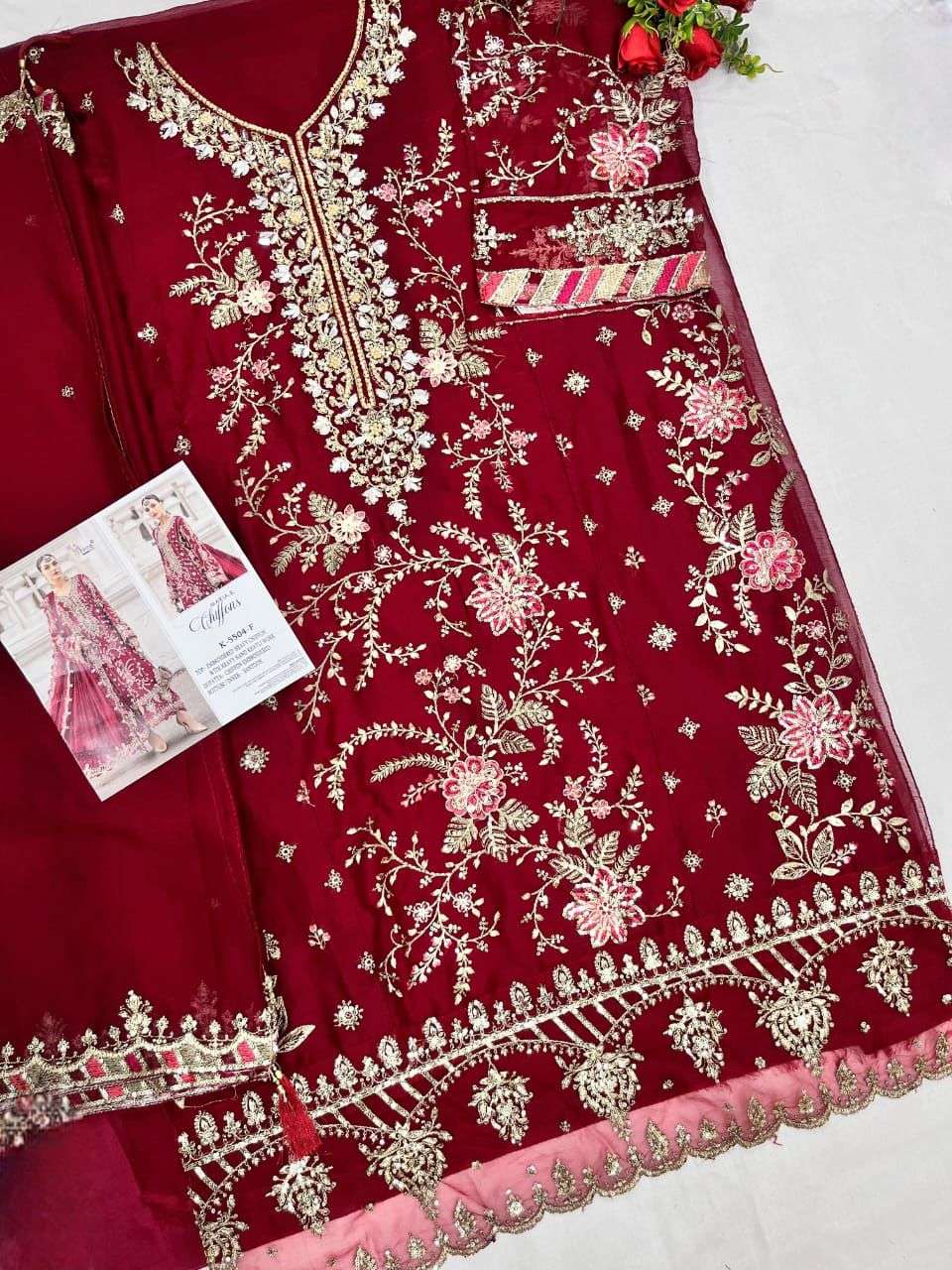 Maroon embroidered fabric with gold detailing on a white background | SHREE FAB K-5504 NX Pure Chiffon Embroidery Pakistani Dresses – Semi-Stitched Premium Collection