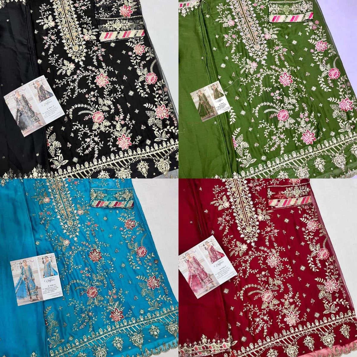 Four fabric samples in black, green, blue, and red with floral embroidery on a white background. | SHREE FAB K-5504 NX Pure Chiffon Embroidery Pakistani Dresses – Semi-Stitched Premium Collection