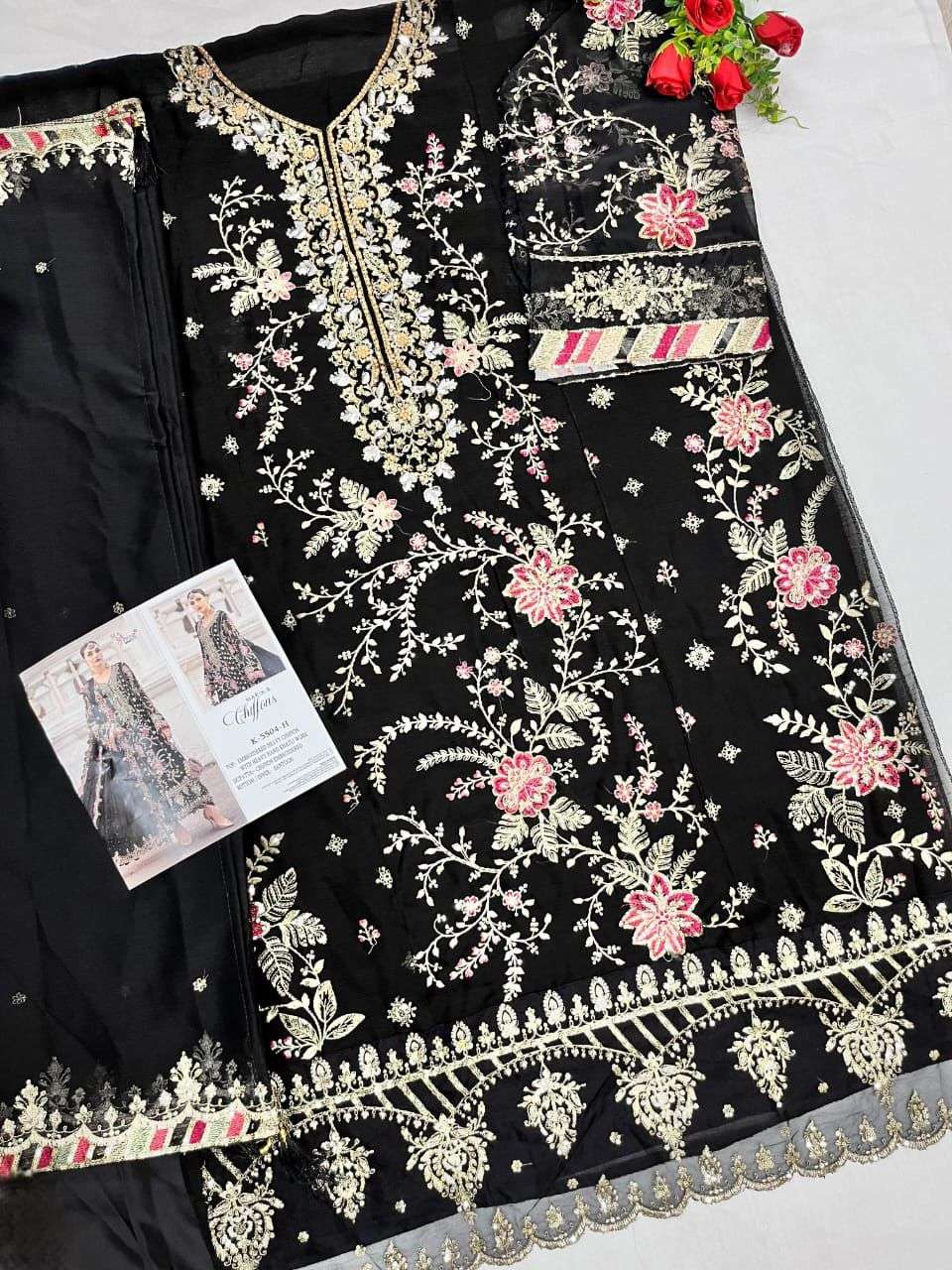Black embroidered garment with floral patterns on a white background | SHREE FAB K-5504 NX Pure Chiffon Embroidery Pakistani Dresses – Semi-Stitched Premium Collection