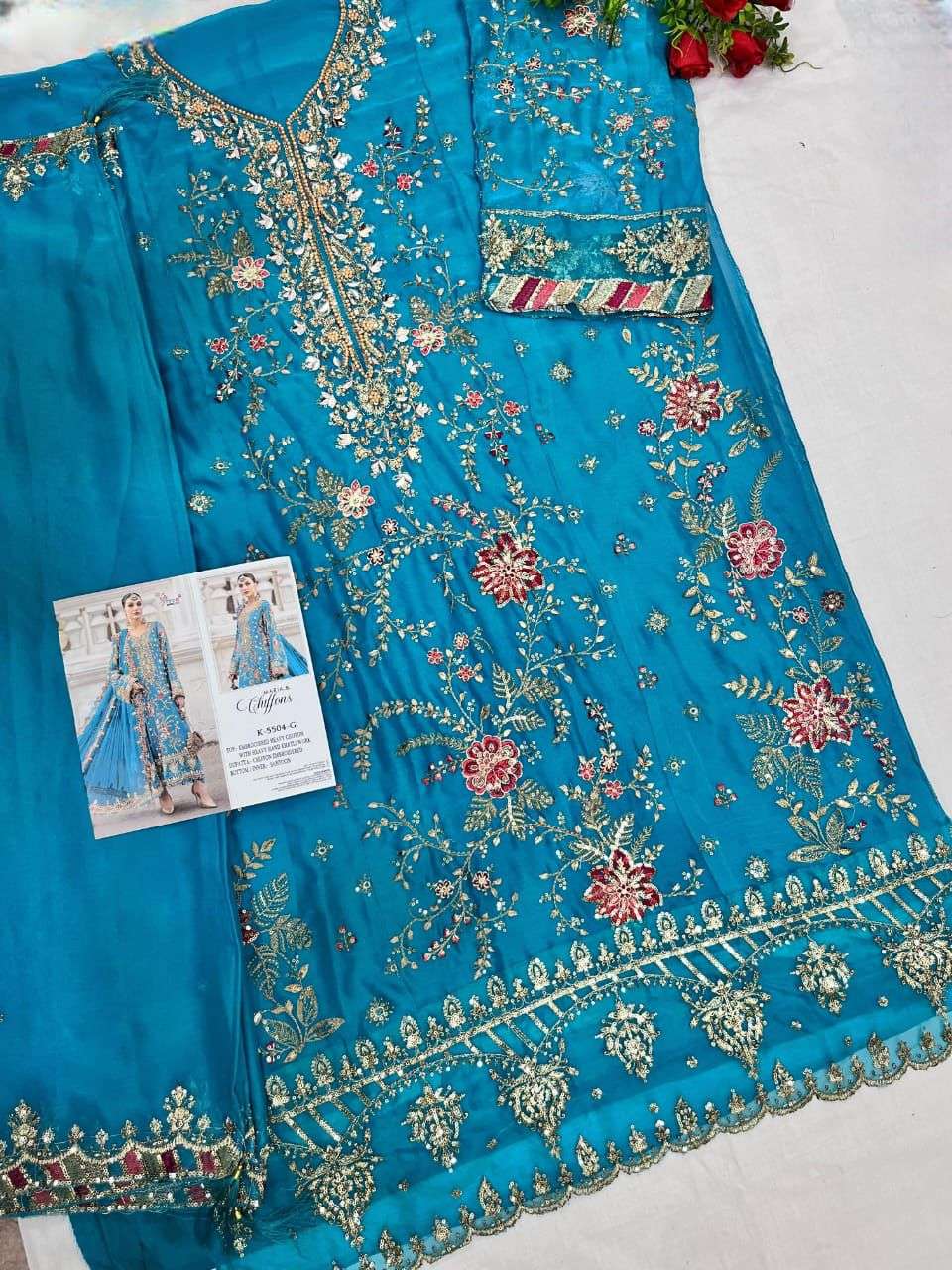 Blue embroidered fabric with floral patterns on a white background | SHREE FAB K-5504 NX Pure Chiffon Embroidery Pakistani Dresses – Semi-Stitched Premium Collection