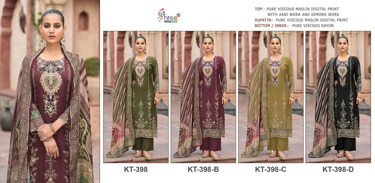 Shree Fab KT-398 A To D Series Viscose Muslin Embroidery Premium Suit Set - Amrah Wholesale
