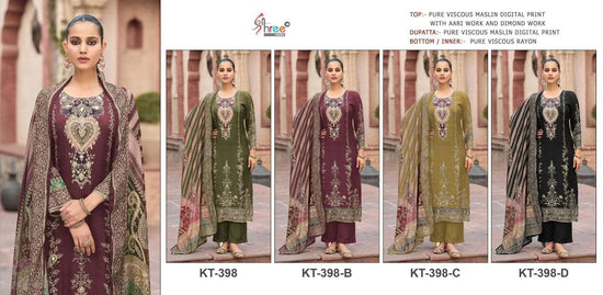 Shree Fab KT-398 A To D Series Viscose Muslin Embroidery Premium Suit Set - Amrah Wholesale