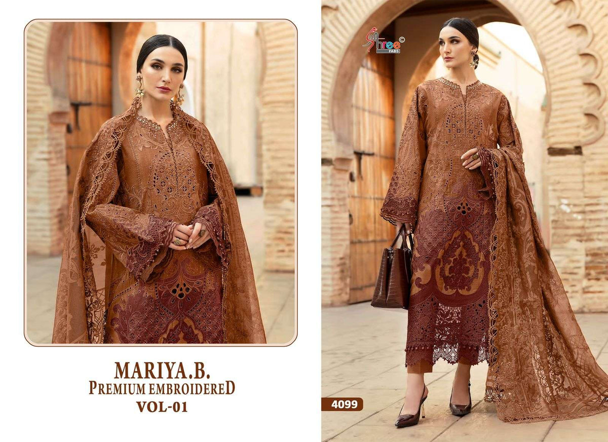 Woman wearing a brown embroidered outfit with a matching shawl in an architectural setting. | SHREE FAB MARIA B VOL-01 Pure Cotton Embroidered Pakistani Dresses Wholesale