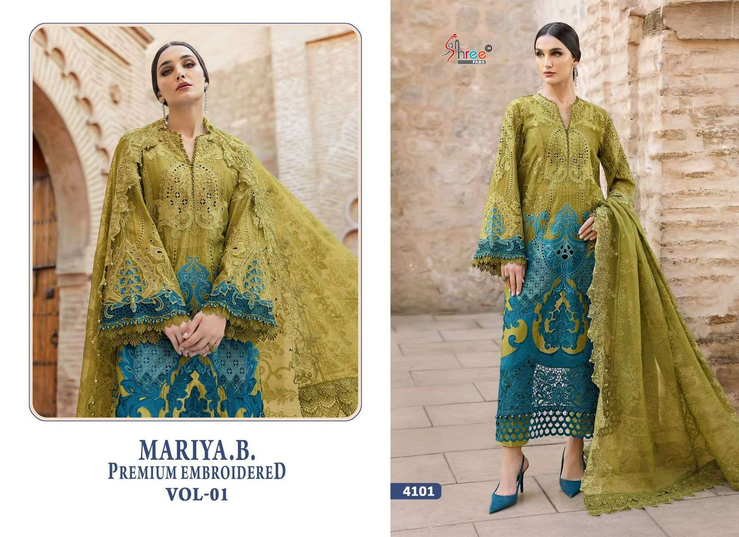 Woman wearing a green and blue embroidered outfit with a brick wall background | SHREE FAB MARIA B VOL-01 Pure Cotton Embroidered Pakistani Dresses Wholesale