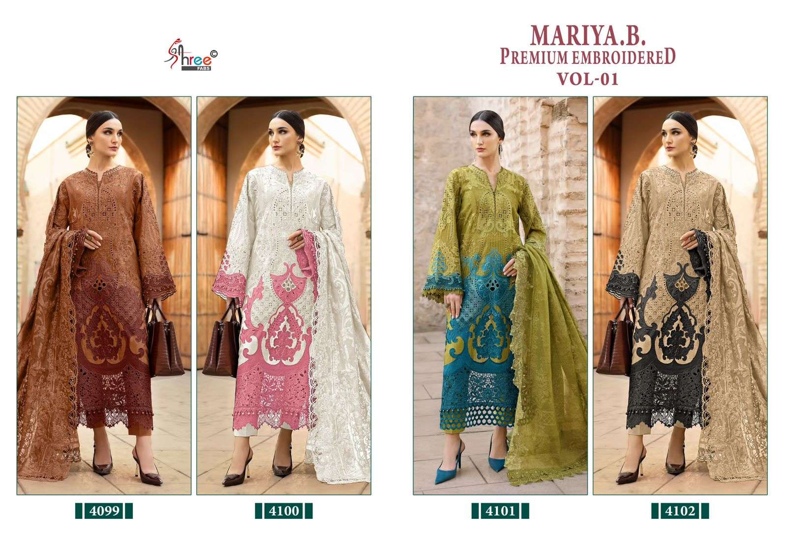 Four women modeling Mariya B. Premium Embroidered clothing with a brand logo at the top. | SHREE FAB MARIA B VOL-01 Pure Cotton Embroidered Pakistani Dresses Wholesale
