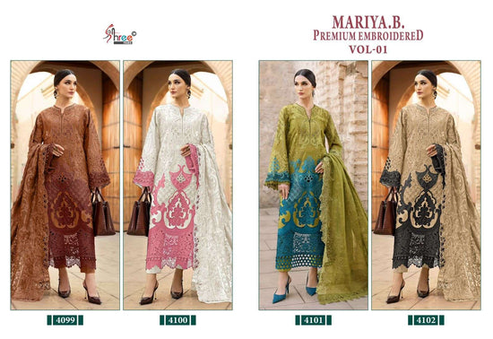 Four women modeling Mariya B. Premium Embroidered clothing with a brand logo at the top. | SHREE FAB MARIA B VOL-01 Pure Cotton Embroidered Pakistani Dresses Wholesale