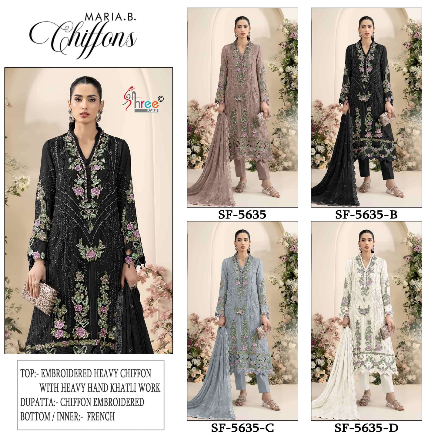 Shree Fab SF-5635 A to D Series Chiffon Embroidered Pakistani Suit