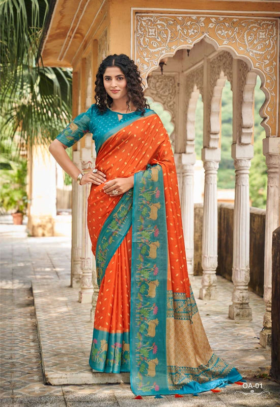 Shreyans Fashion Orange Art Premium Tussar Printed Saree