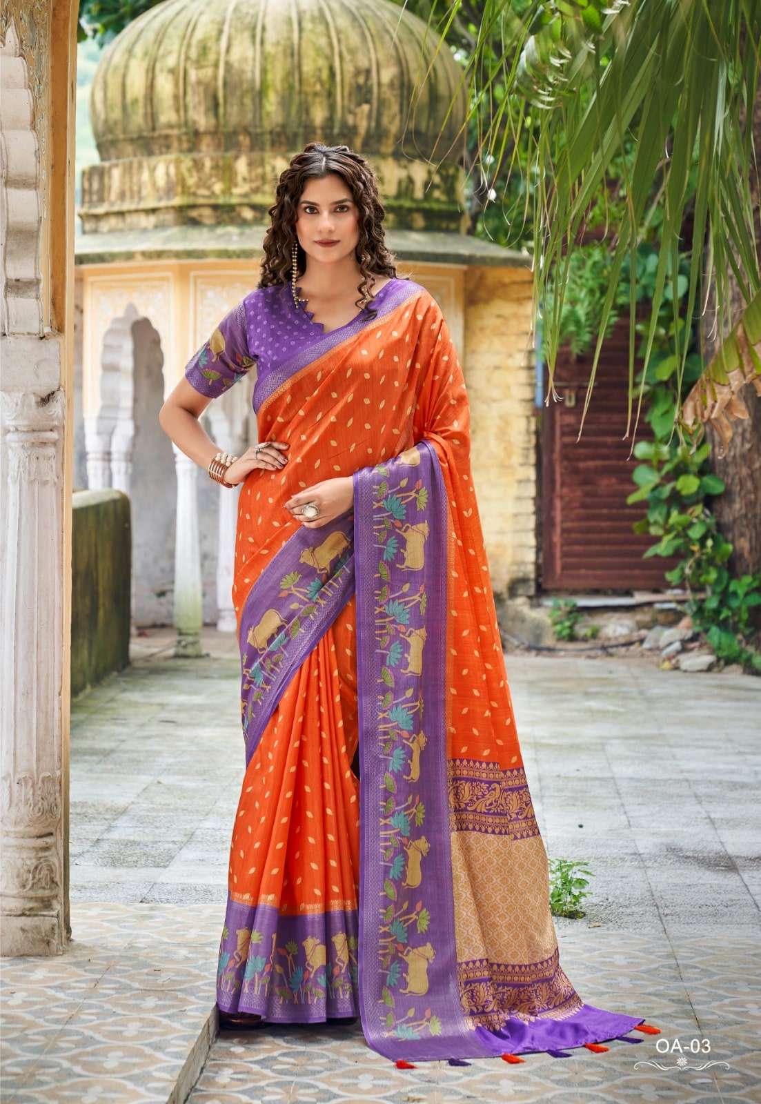 Shreyans Fashion Orange Art Premium Tussar Printed Saree