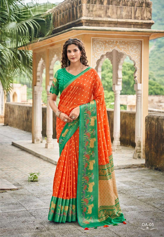 Shreyans Fashion Orange Art Premium Tussar Printed Saree