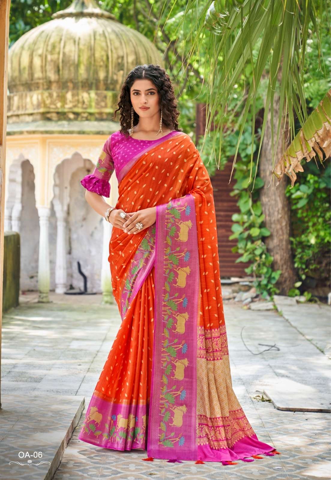 Shreyans Fashion Orange Art Premium Tussar Printed Saree