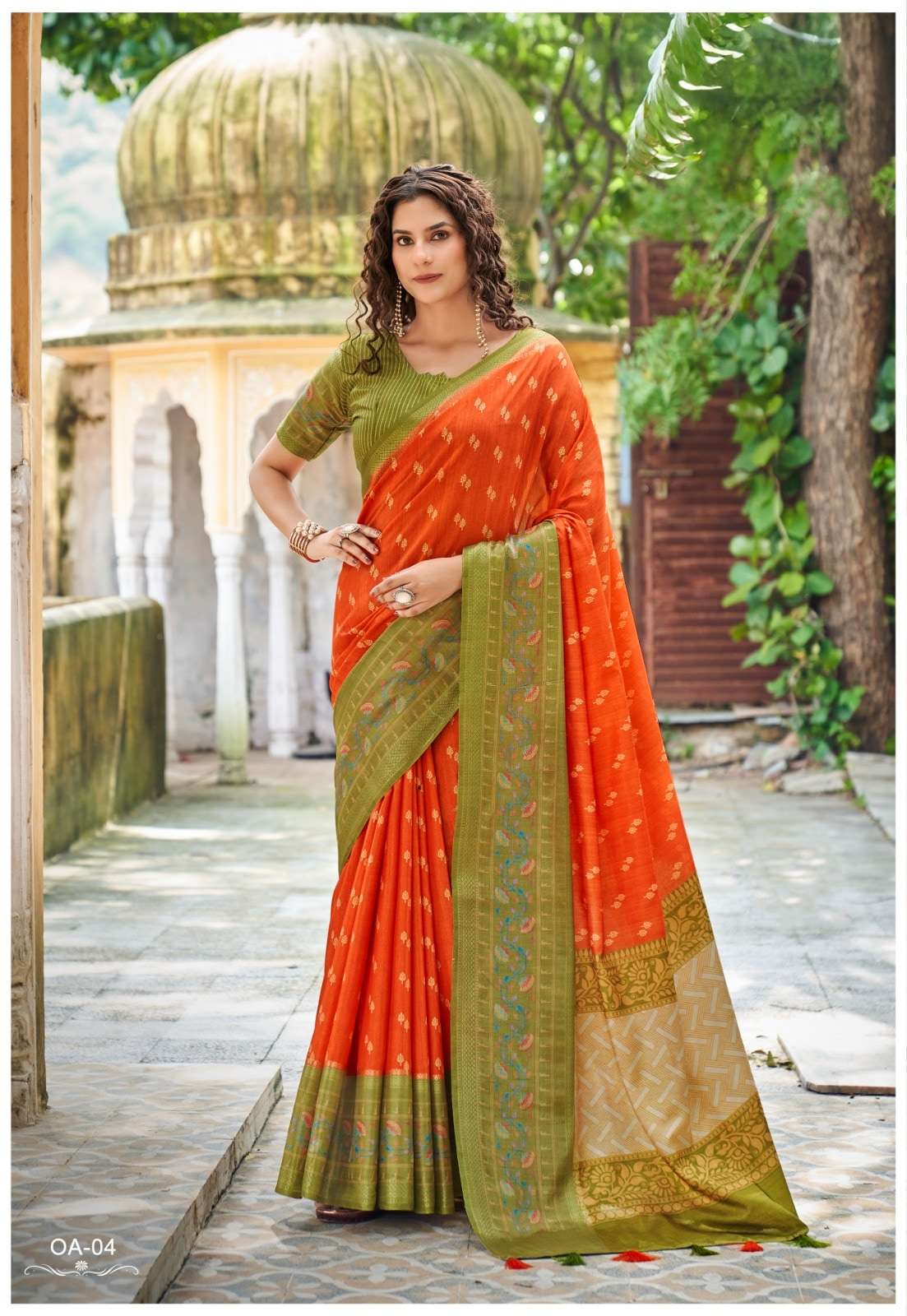 Shreyans Fashion Orange Art Premium Tussar Printed Saree