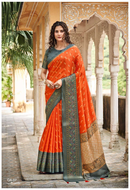 Shreyans Fashion Orange Art Premium Tussar Printed Saree
