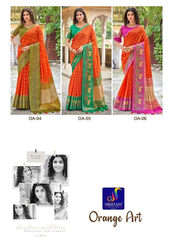 Shreyans Fashion Orange Art Premium Tussar Printed Saree