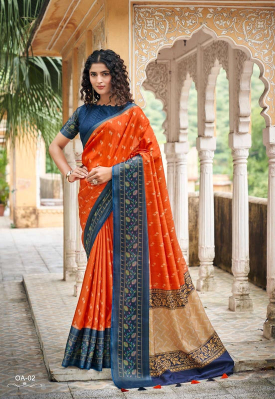 Shreyans Fashion Orange Art Premium Tussar Printed Saree