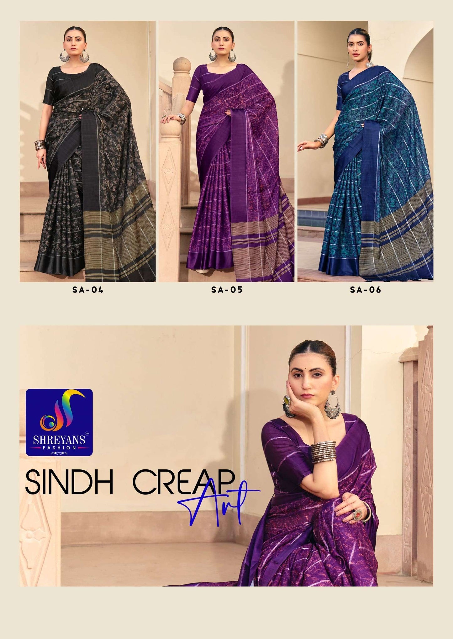 SHREYANS FASHION SINDH CREAP ART Crepe Silk Sarees