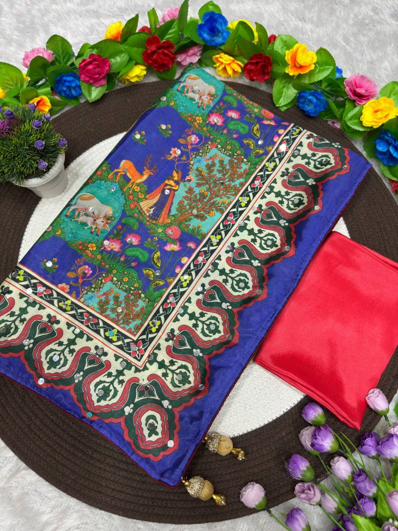 St D No 187 Soft Chinon Silk Digital Print Mirror Work Saree