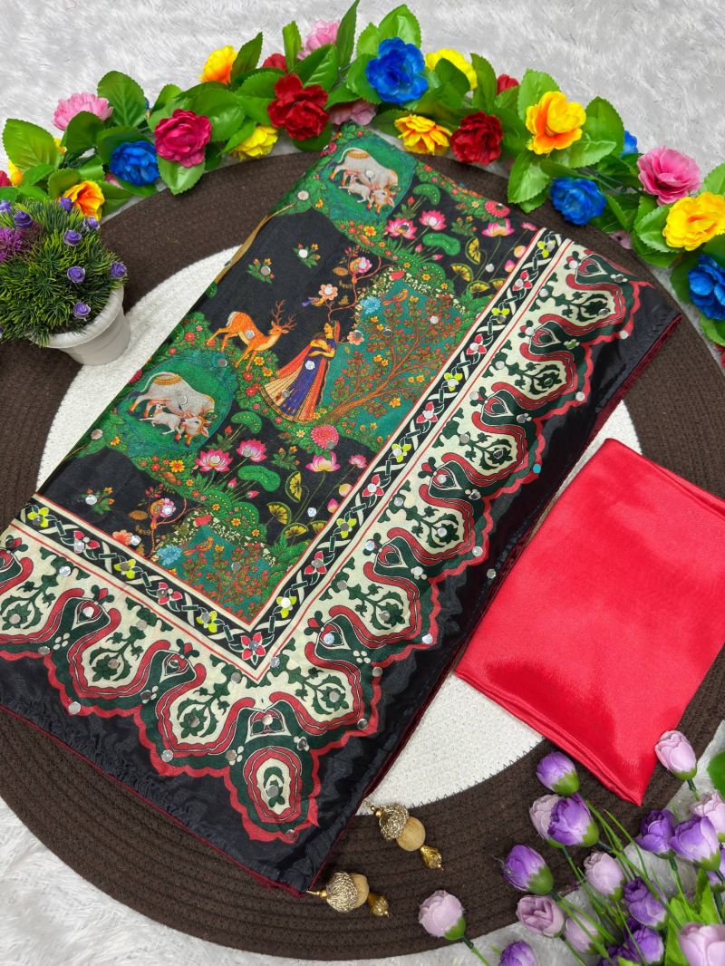 St D No 187 Soft Chinon Silk Digital Print Mirror Work Saree