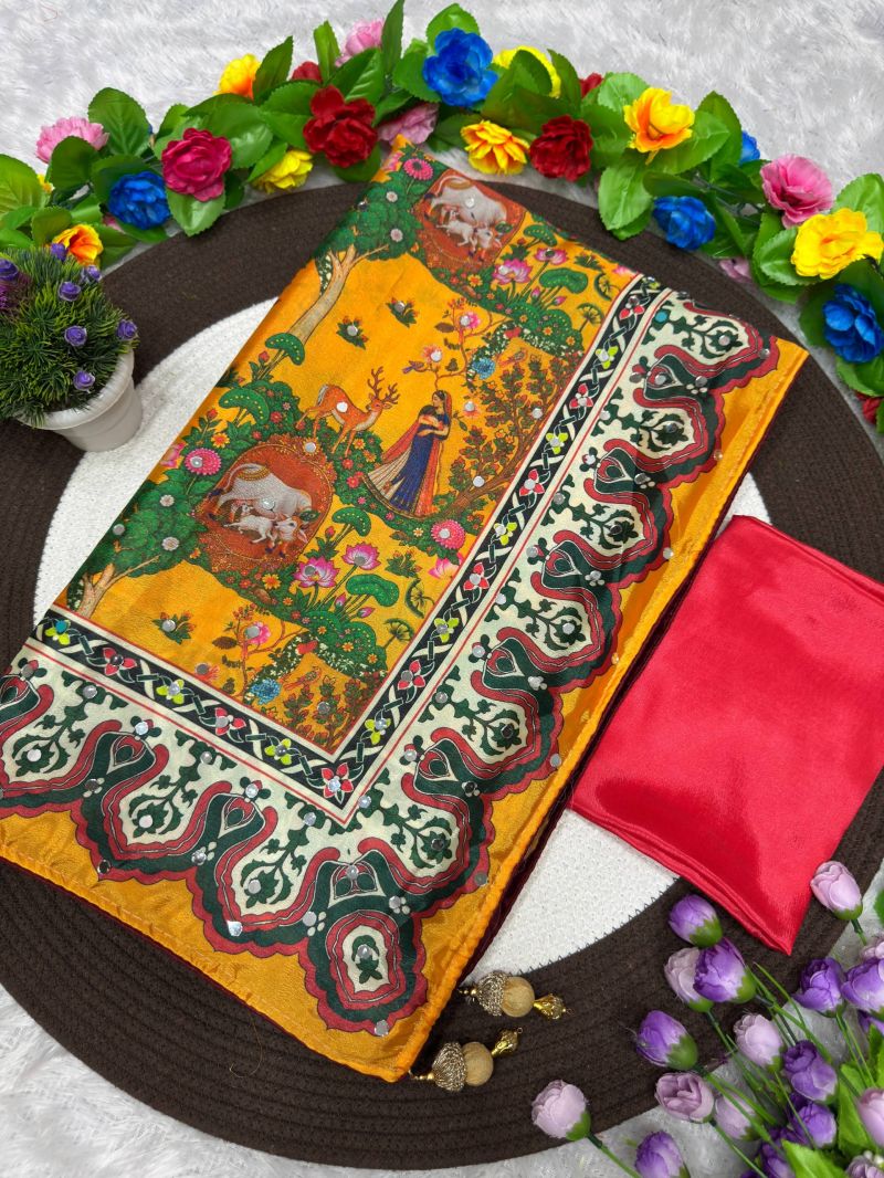 St D No 187 Soft Chinon Silk Digital Print Mirror Work Saree