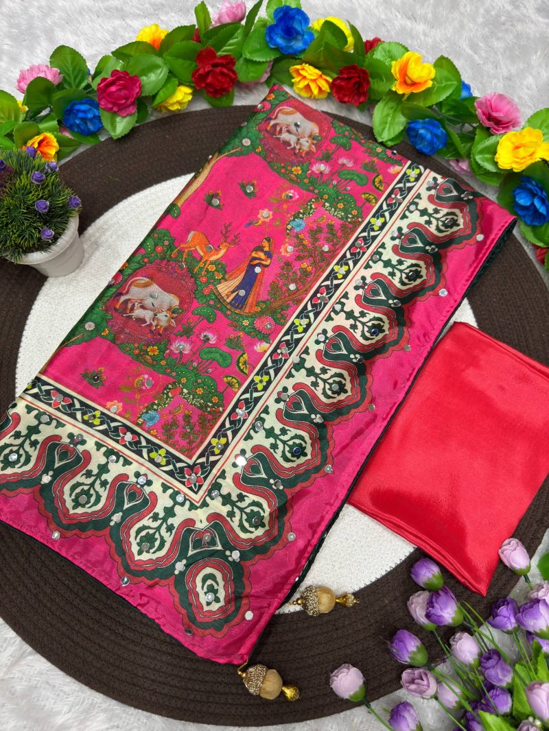St D No 187 Soft Chinon Silk Digital Print Mirror Work Saree