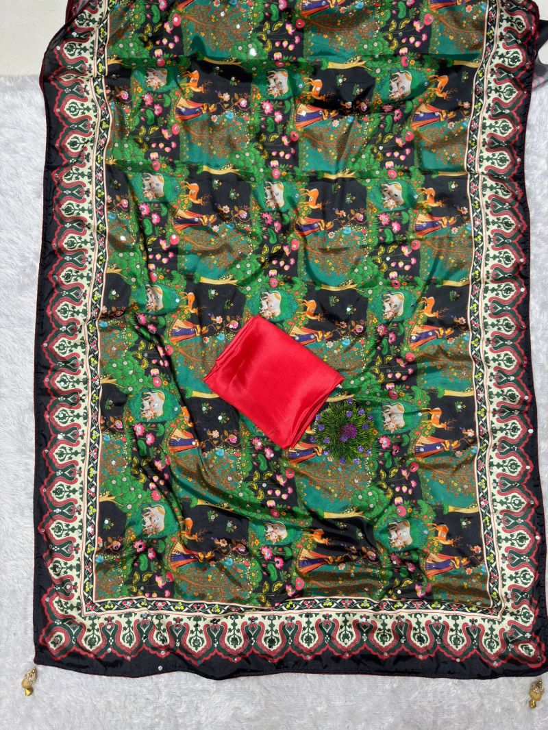 St D No 187 Soft Chinon Silk Digital Print Mirror Work Saree