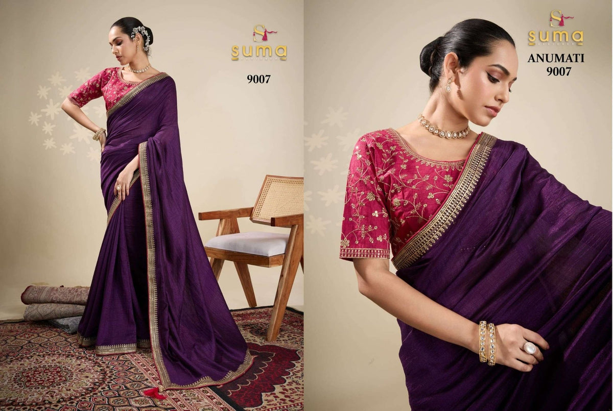 SUMA ANUMATI Pure Vichitra Embroidery Sarees - Amrah Wholesale