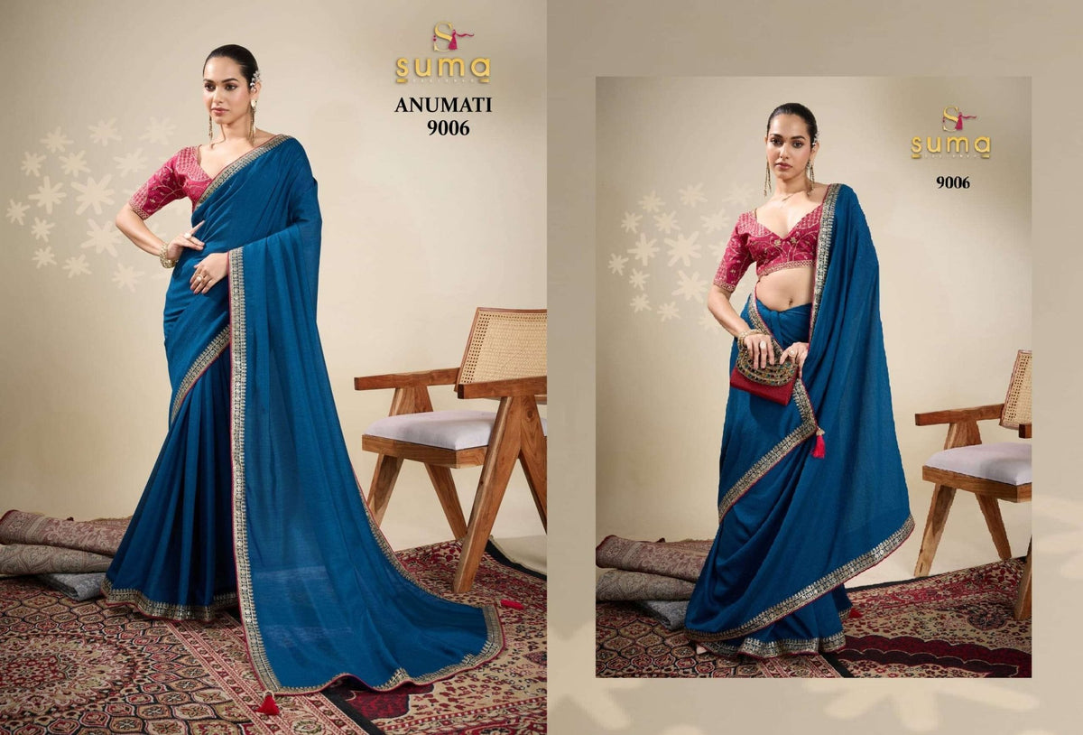 SUMA ANUMATI Pure Vichitra Embroidery Sarees - Amrah Wholesale