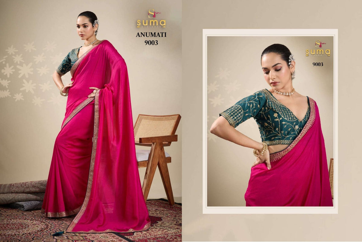 SUMA ANUMATI Pure Vichitra Embroidery Sarees - Amrah Wholesale