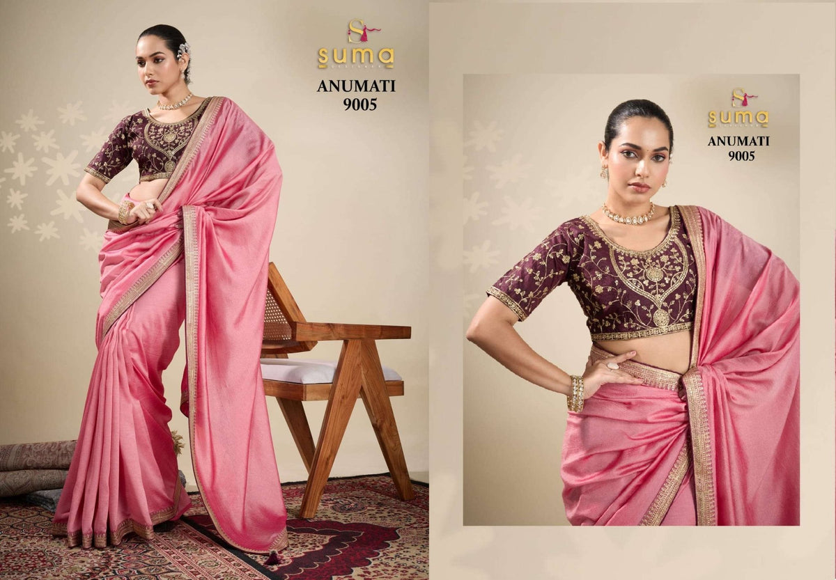 SUMA ANUMATI Pure Vichitra Embroidery Sarees - Amrah Wholesale