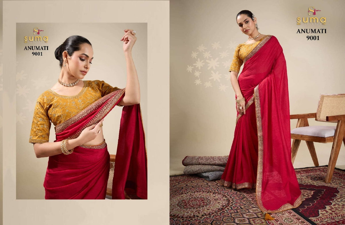 SUMA ANUMATI Pure Vichitra Embroidery Sarees - Amrah Wholesale