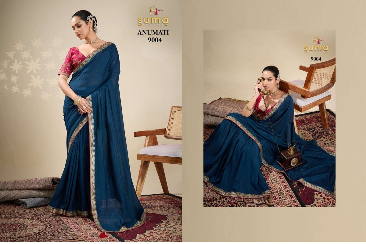 SUMA ANUMATI Pure Vichitra Embroidery Sarees - Amrah Wholesale