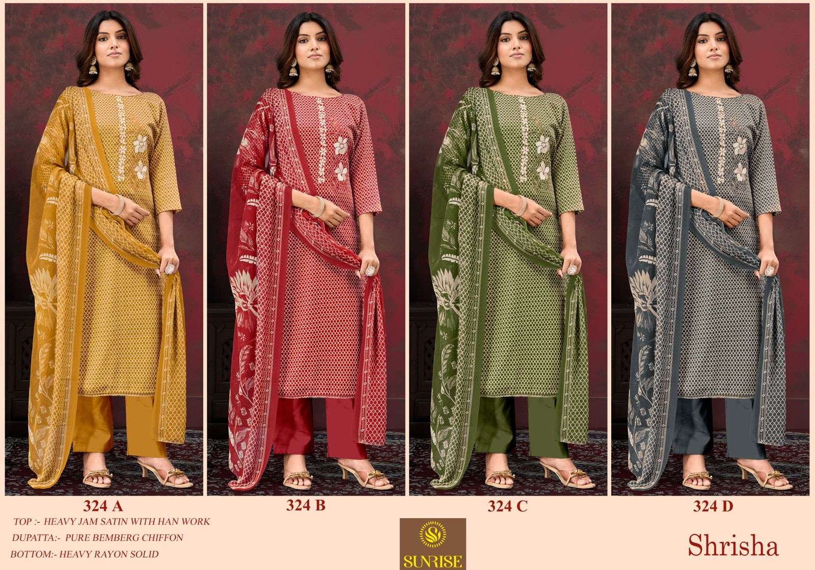 Sunrise Shrisha 324 Jam Satin Embroidered Dress Material - Amrah Wholesale