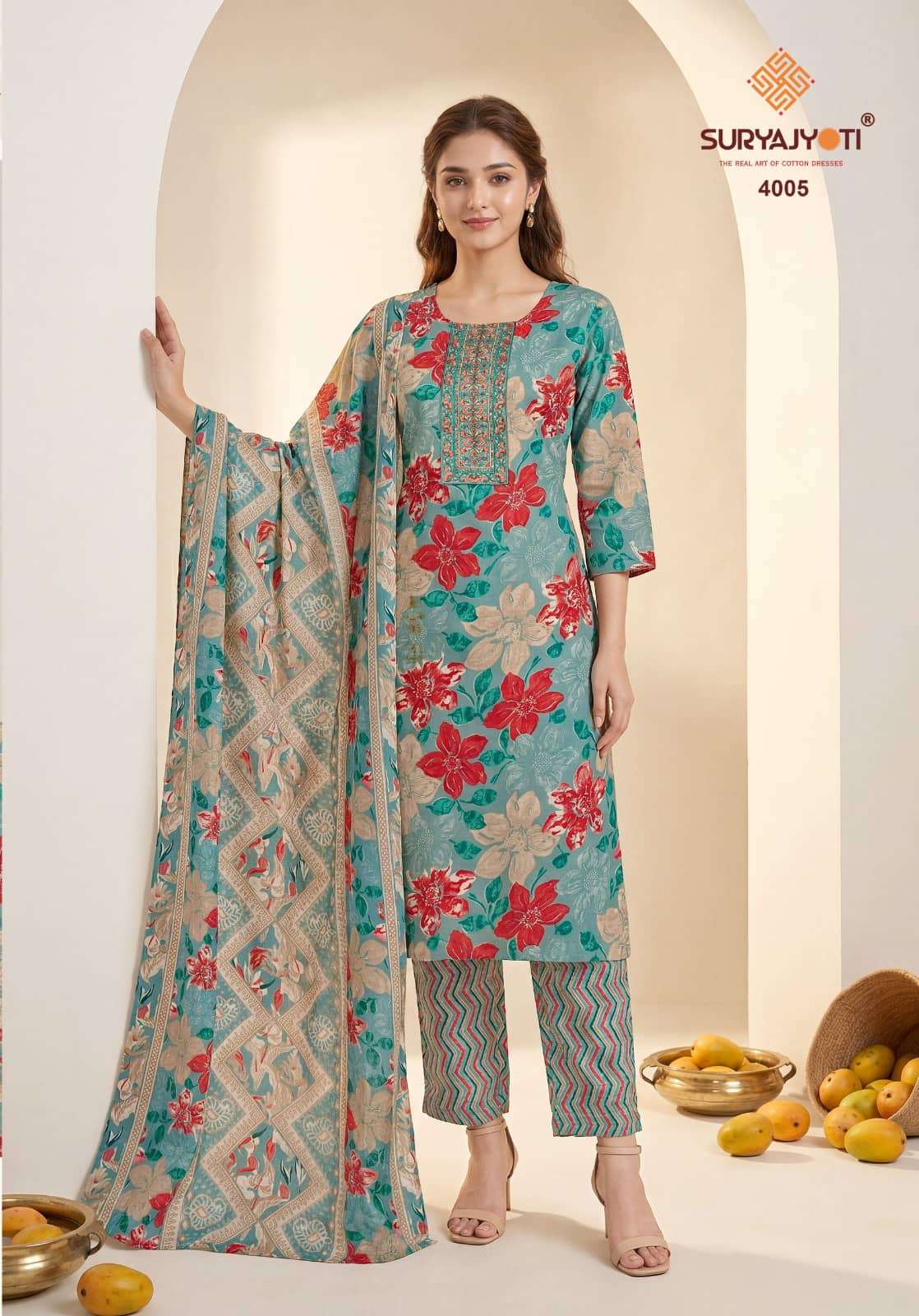 Suryajyoti Pragya Vol 4 Malaysian Cotton Kurti Pant Dupatta Set