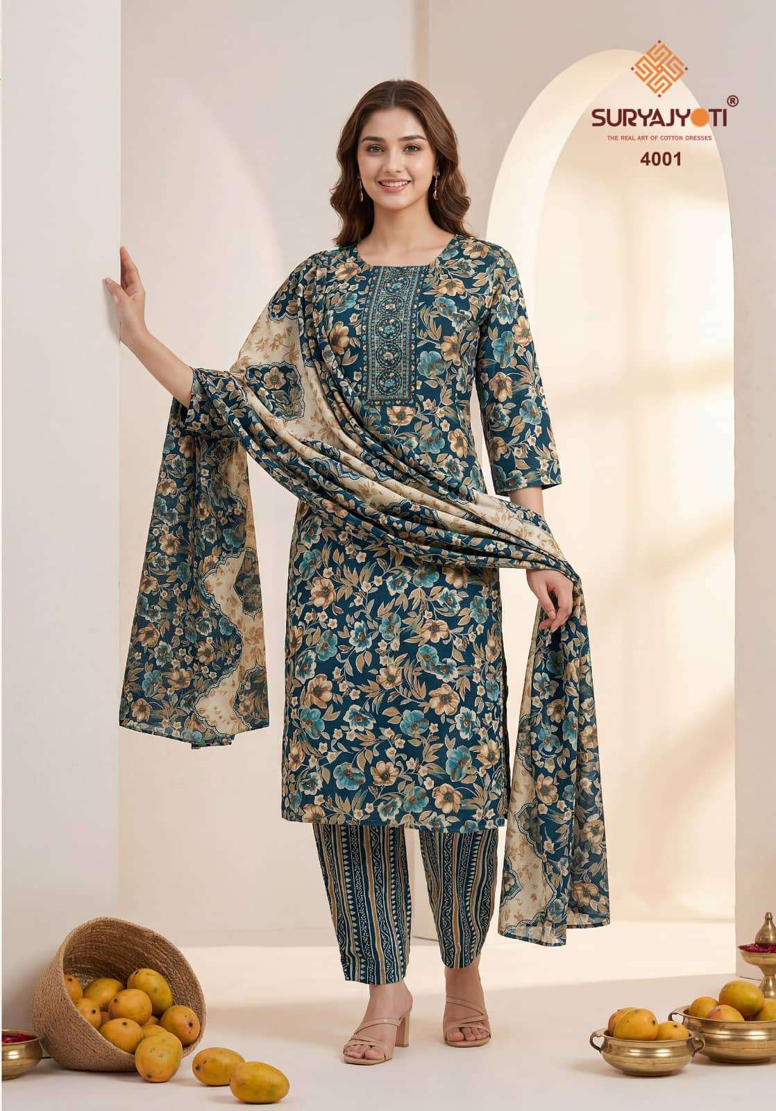 Suryajyoti Pragya Vol 4 Malaysian Cotton Kurti Pant Dupatta Set