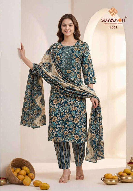 Suryajyoti Pragya Vol 4 Malaysian Cotton Kurti Pant Dupatta Set