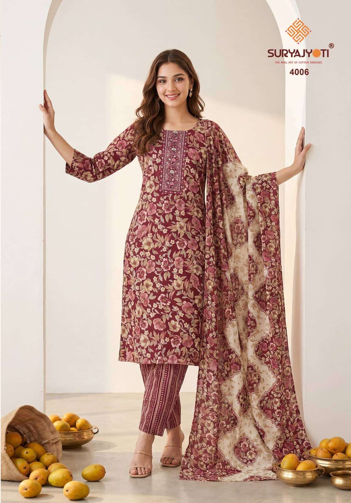 Suryajyoti Pragya Vol 4 Malaysian Cotton Kurti Pant Dupatta Set