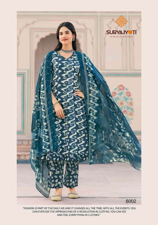 Suryajyoti Rashmika Vol 6 Pure Cotton Anarkali Kurti Pant Dupatta Set