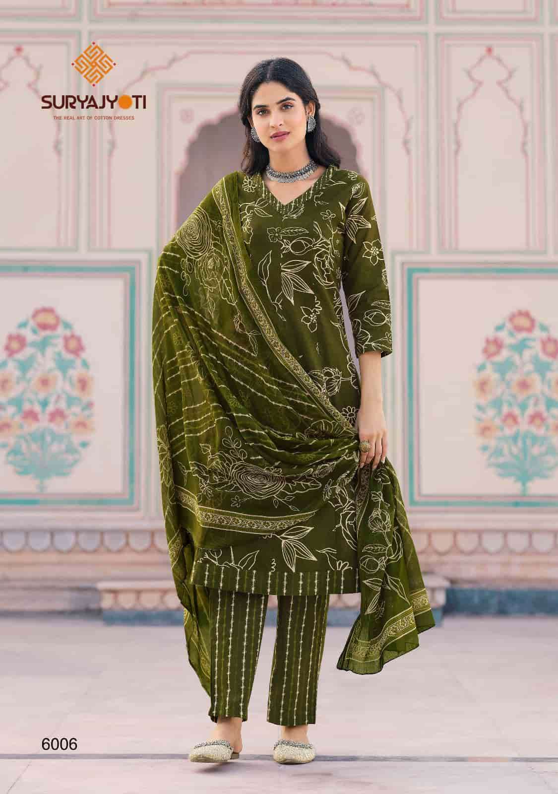 Suryajyoti Rashmika Vol 6 Pure Cotton Anarkali Kurti Pant Dupatta Set