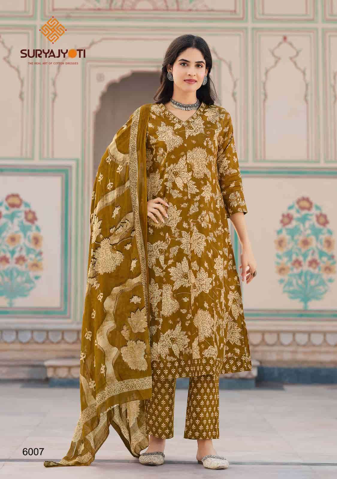 Suryajyoti Rashmika Vol 6 Pure Cotton Anarkali Kurti Pant Dupatta Set