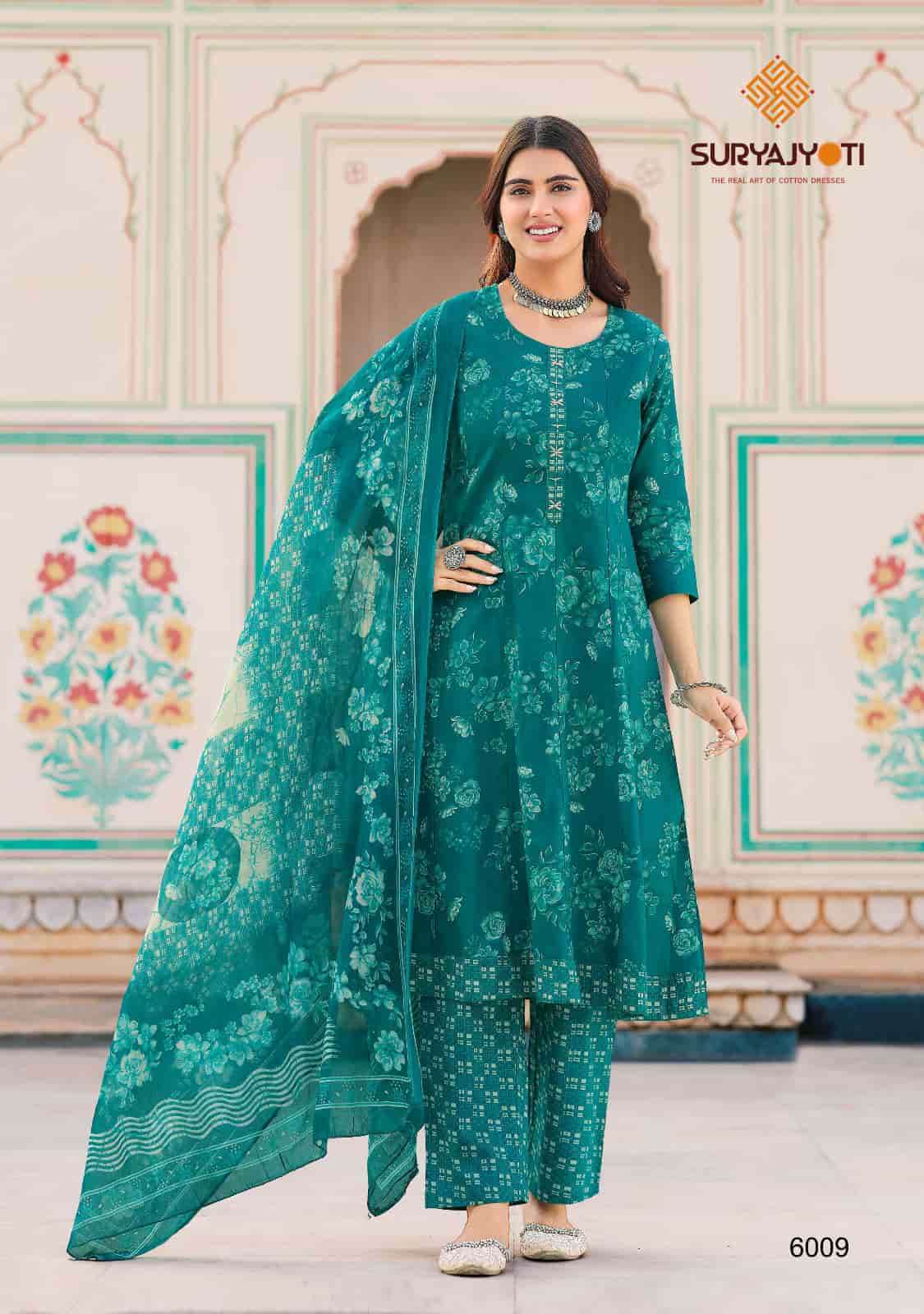 Suryajyoti Rashmika Vol 6 Pure Cotton Anarkali Kurti Pant Dupatta Set