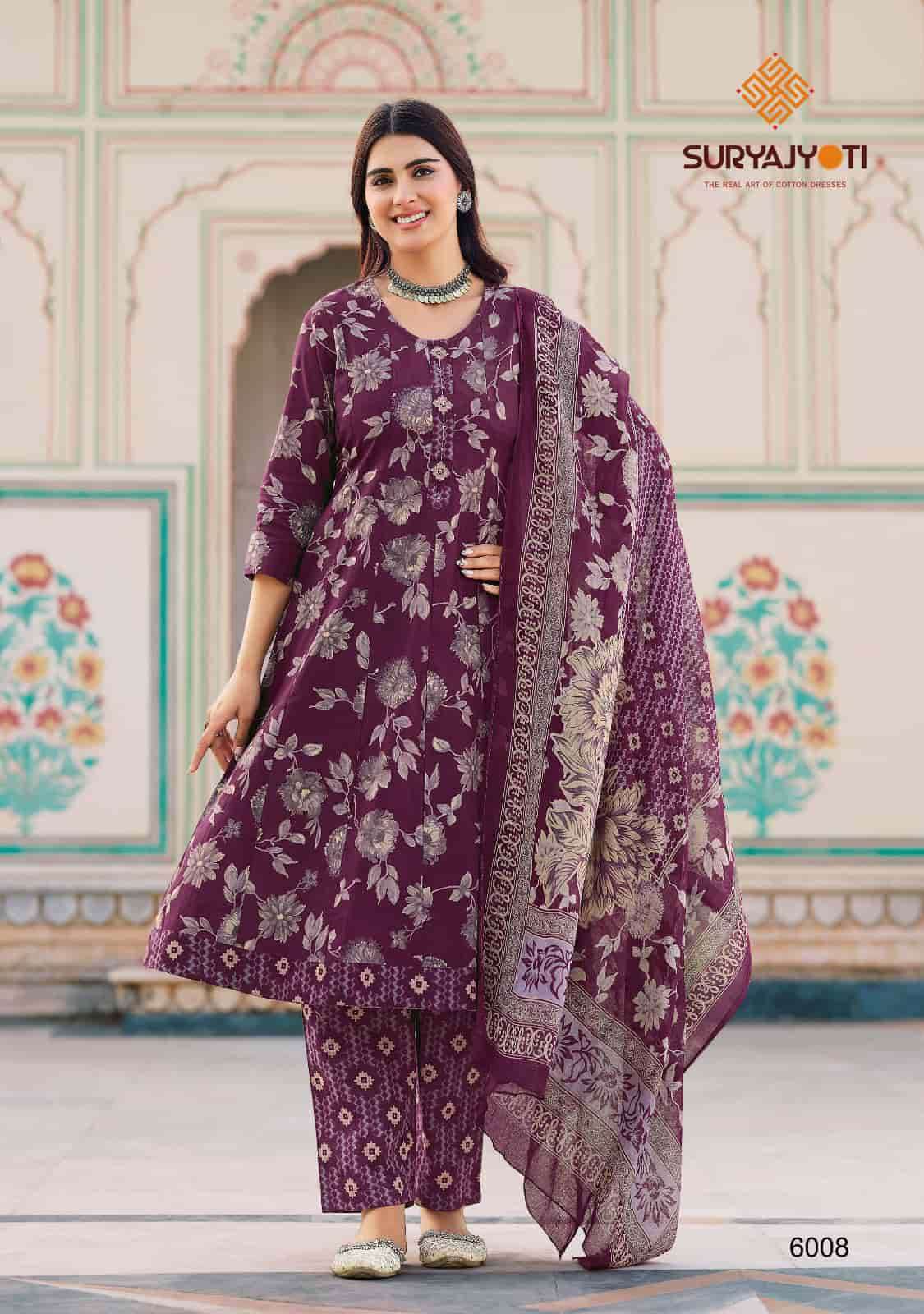 Suryajyoti Rashmika Vol 6 Pure Cotton Anarkali Kurti Pant Dupatta Set
