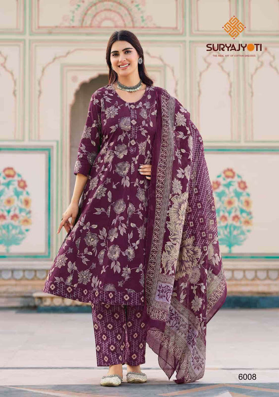 Suryajyoti Rashmika Vol 6 Pure Cotton Anarkali Kurti Pant Dupatta Set