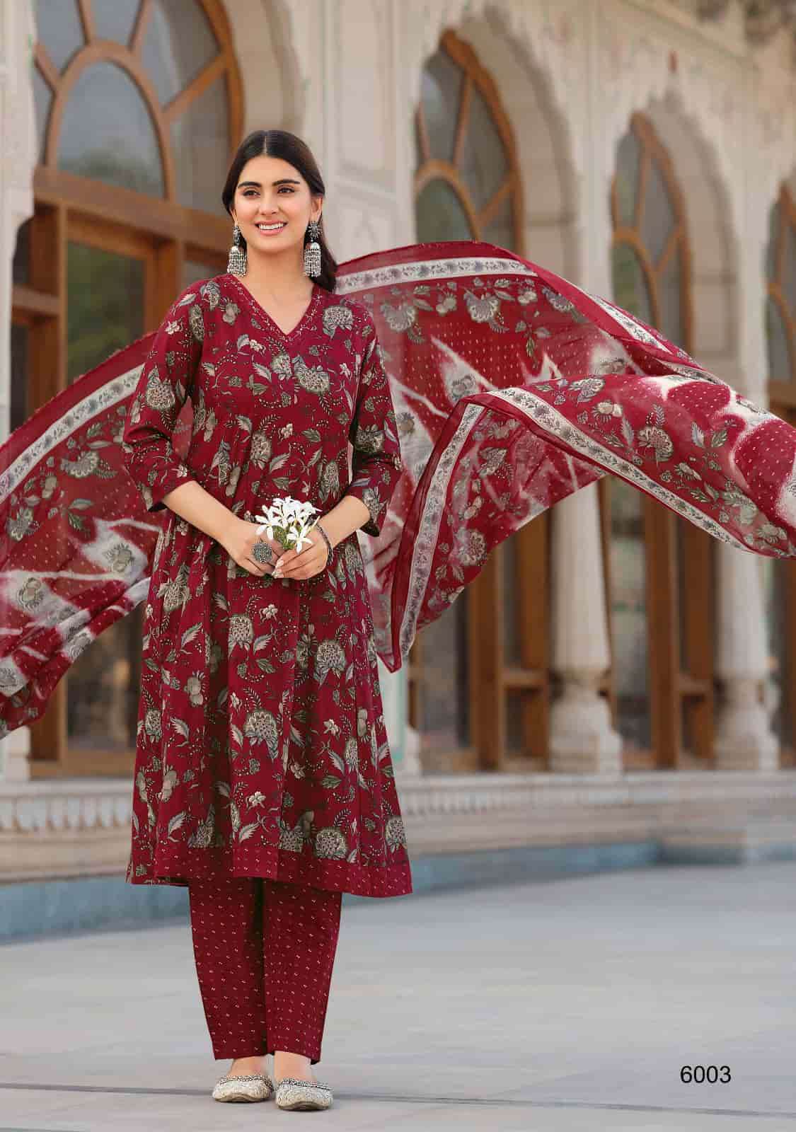 Suryajyoti Rashmika Vol 6 Pure Cotton Anarkali Kurti Pant Dupatta Set