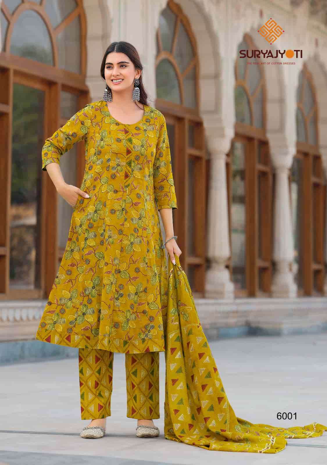 Suryajyoti Rashmika Vol 6 Pure Cotton Anarkali Kurti Pant Dupatta Set