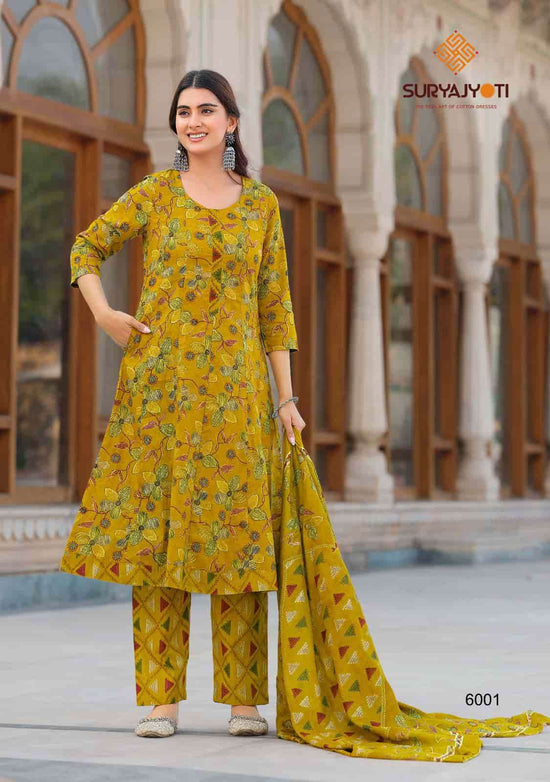 Suryajyoti Rashmika Vol 6 Pure Cotton Anarkali Kurti Pant Dupatta Set