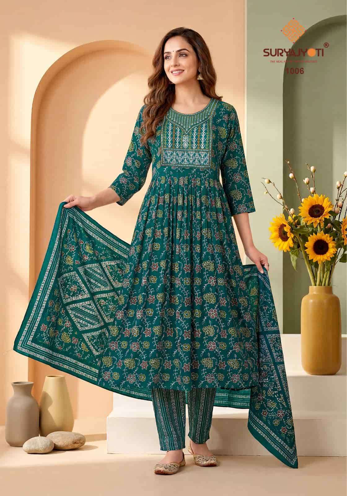 Suryajyoti Ruhani Vol 1 Heavy Rayon Kurti Bottom Dupatta Set - Amrah Wholesale