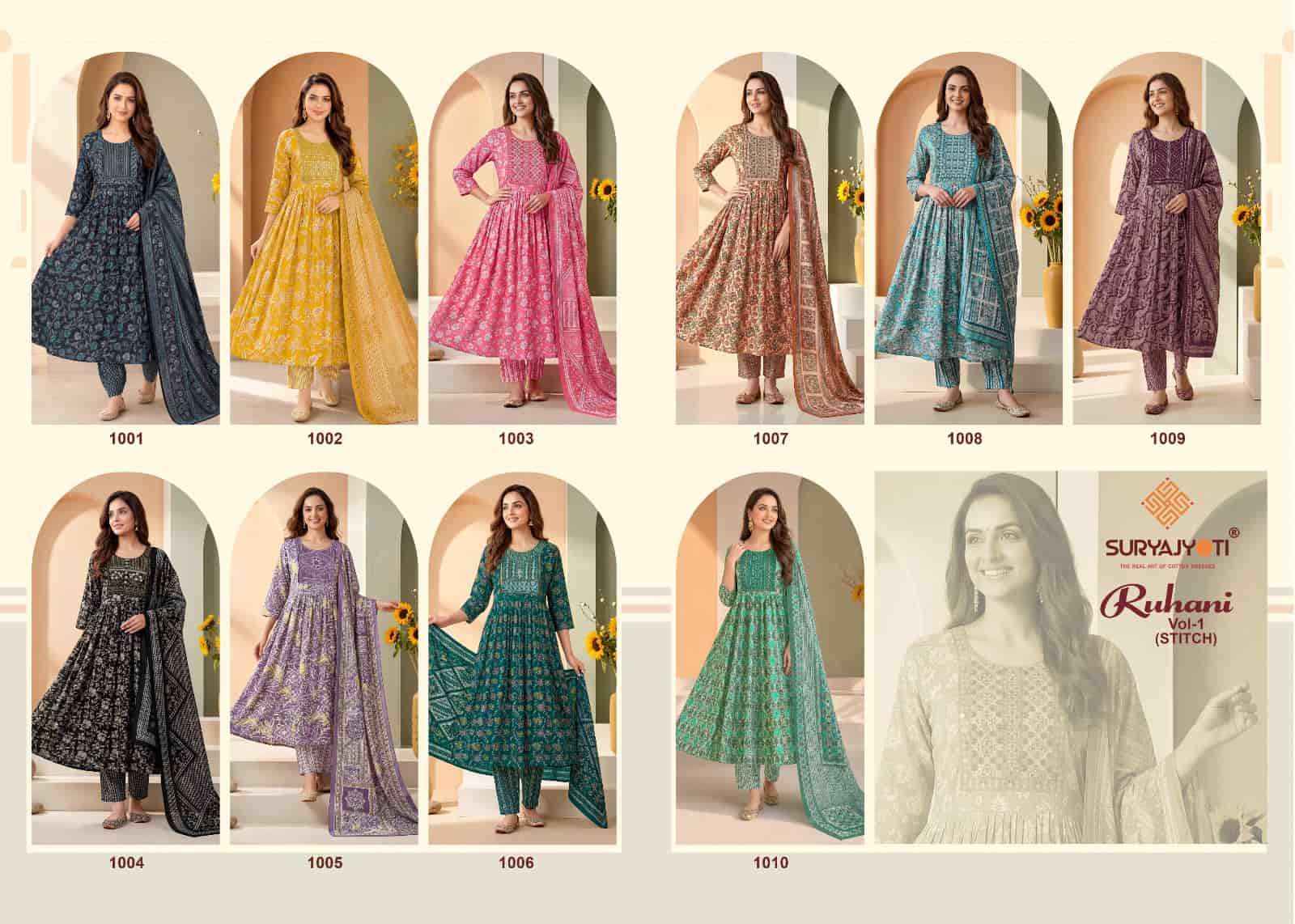 Suryajyoti Ruhani Vol 1 Heavy Rayon Kurti Bottom Dupatta Set - Amrah Wholesale