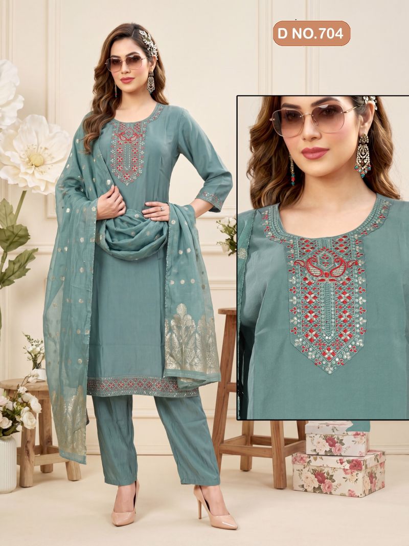 Swara D No 101 To 08 Roman Silk Sequence Worked Kurti Set